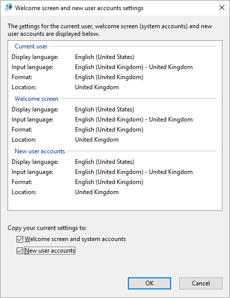 Welcome screen and new user account settings